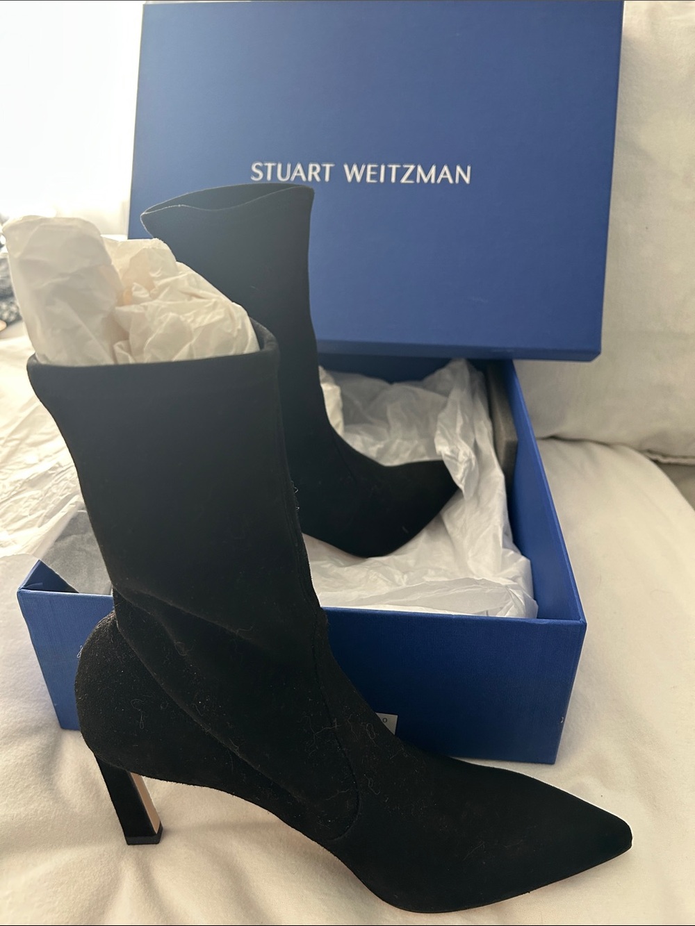 Stuart Weitzman Black Suede Pointed Sock Boot with Block Heel